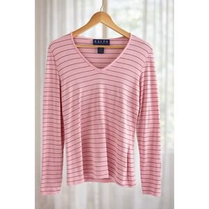Ralph By Ralph Lauren Y2K Fitted Top Long Sleeve Pink Striped V-Neck Pullover S